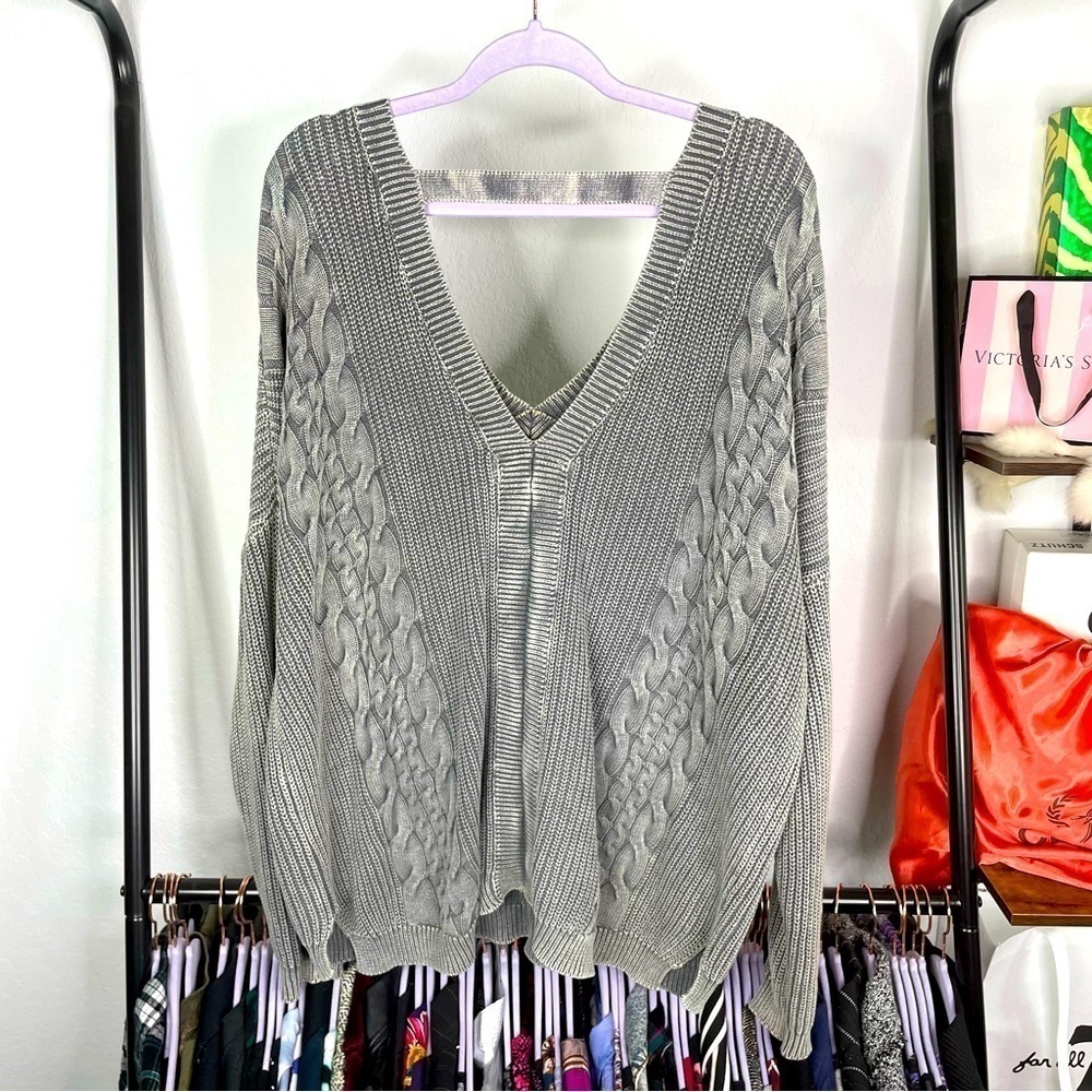Native Chic Gray Distressed Cable Knit Oversized Sweater